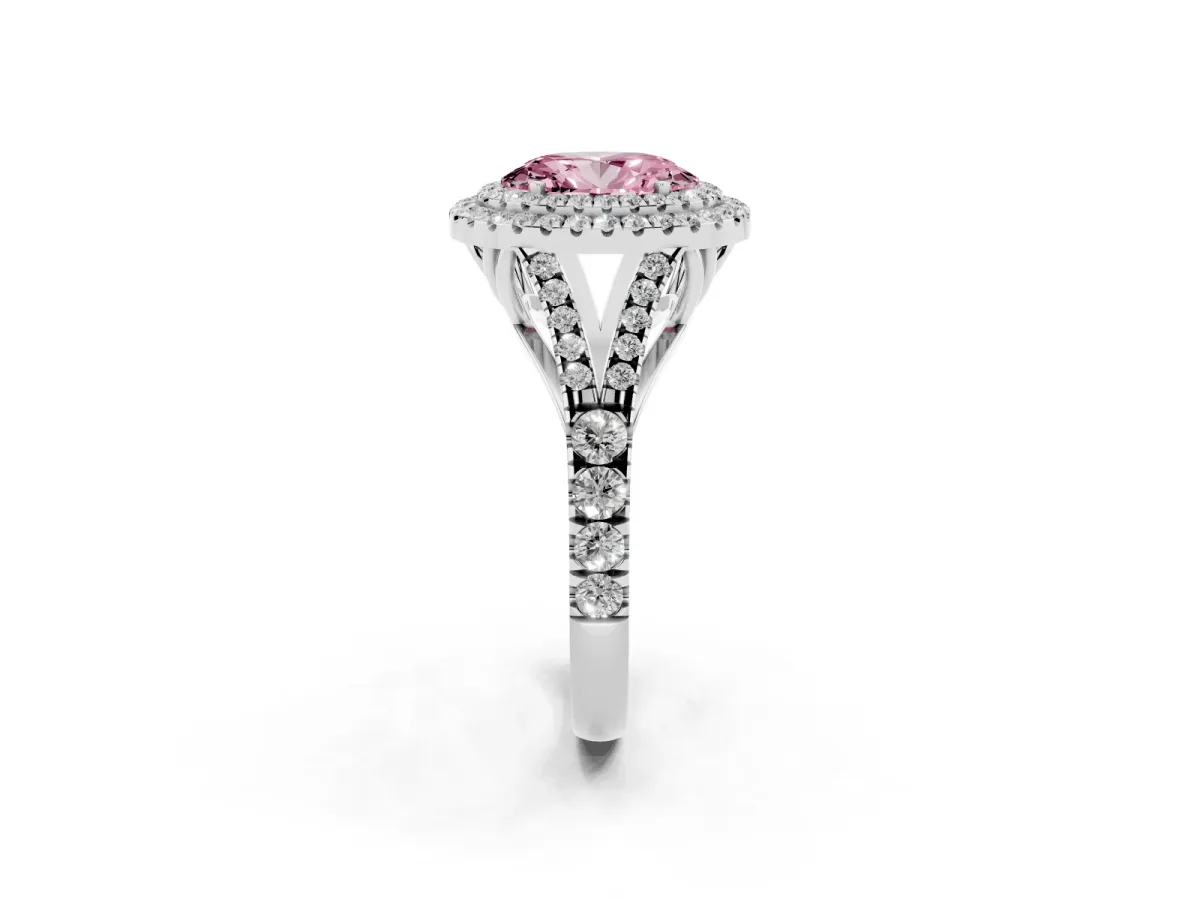 Fancy Pink Oval Cut Cut Double Halo Split Shank Diamond Ring with Prong Setting White gold