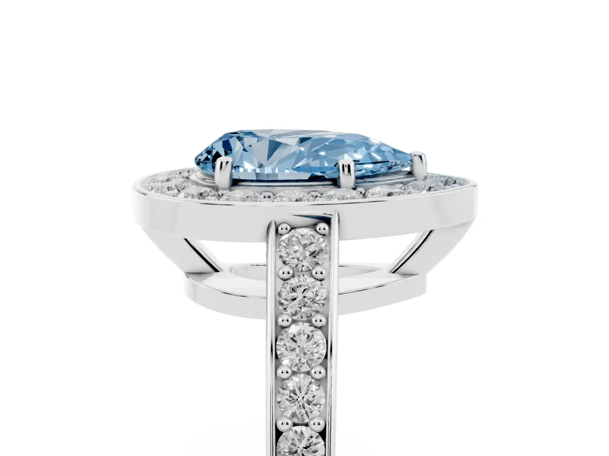 Fancy Blue Pear Cut Halo Pavé Diamond Engagement Ring with Bezel Setting Platinum