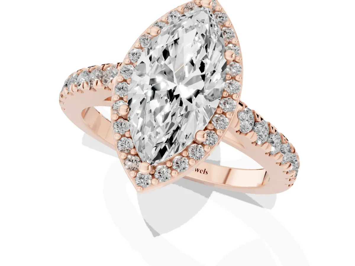 Marquise Cut Cut Halo Diamond Engagement Ring with Pave Band and Four-Prong Setting Rose gold