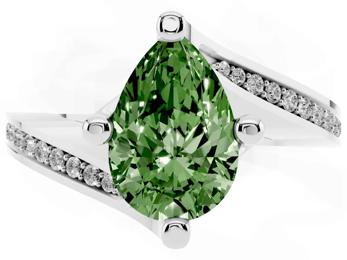 Fancy Green Pear Cut Solitaire Diamond Twist Band with Pavé Setting and Four-Prong Setting Silver