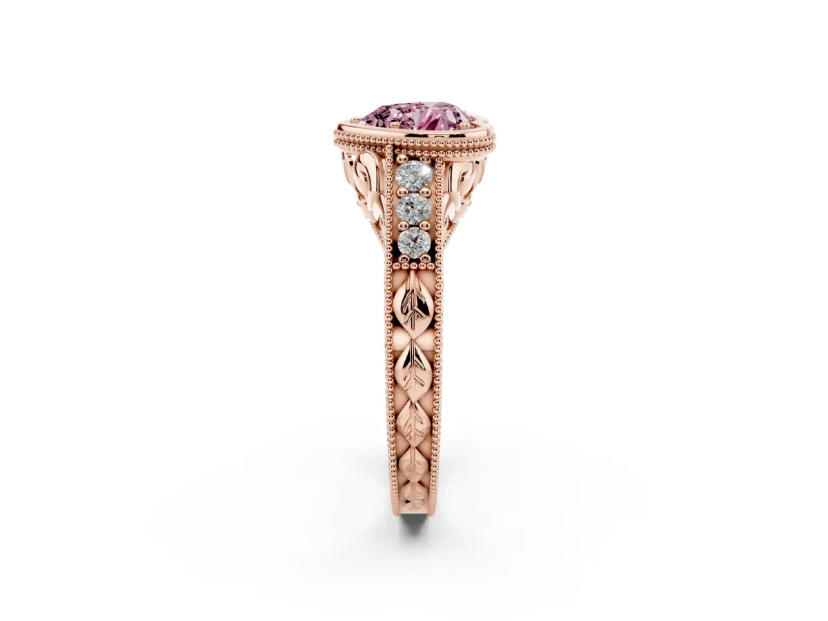 Fancy Pink Bezel Set Heart Cut Diamond Milgrain Pave Engagement Ring Rose gold