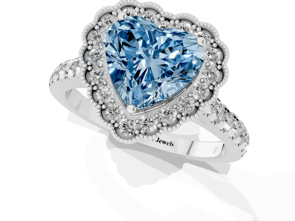 Fancy Blue Heart Cut Cut Diamond Milgrain Floral Halo Engagement Ring with Pavé Band Silver