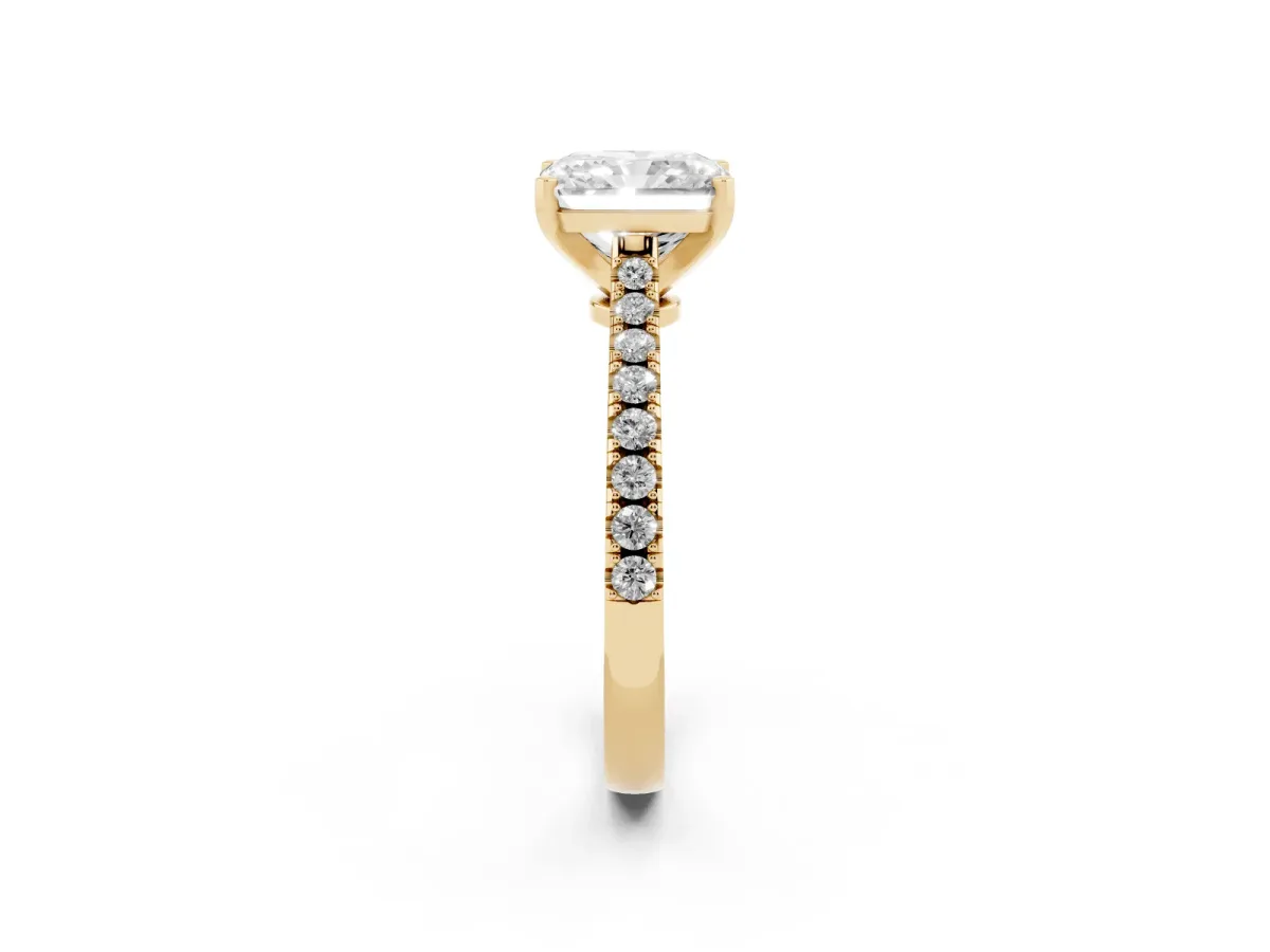 Radiant Cut Cut Solitaire Diamond Engagement Ring with Pave Band and Four-Prong Setting Yellow gold