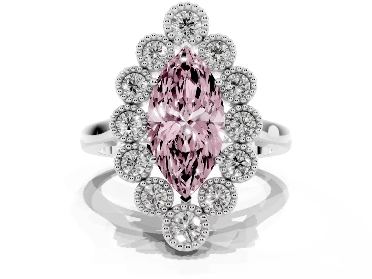 Fancy Pink Marquise Cut Halo Diamond Cluster Engagement Ring with Milgrain Bezel Setting and Solitaire Band White gold