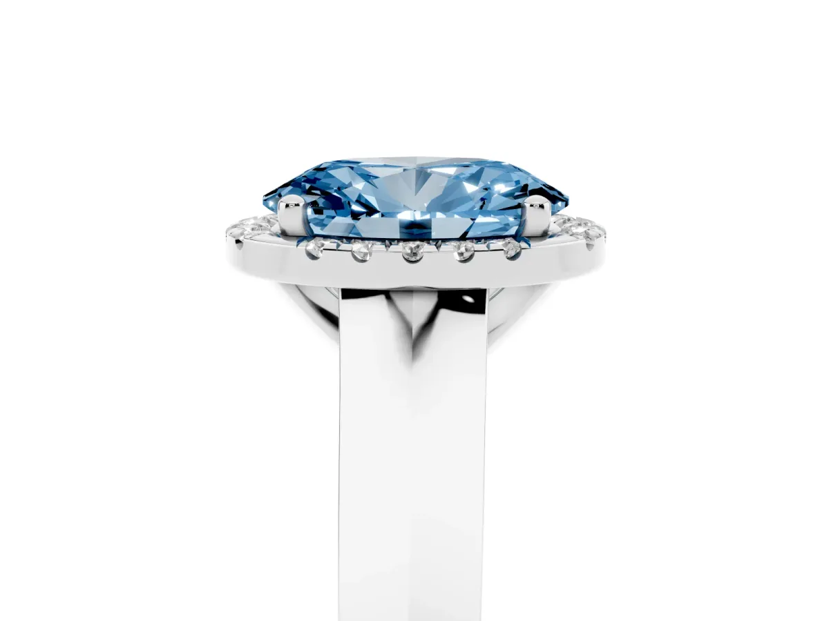 Fancy Blue Oval Cut Halo Diamond Ring with Cathedral Band and Four-Prong Setting Platinum