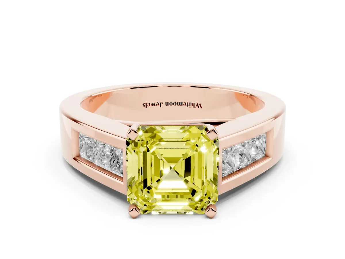 Fancy Yellow Asscher Cut Cut Channel Set Solitaire Ring with Four-Prong Setting Rose gold