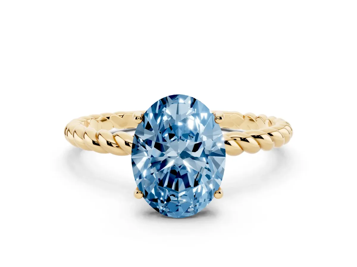 Fancy Blue Oval Cut Solitaire Twisted Band 4-Prong Ring Yellow gold