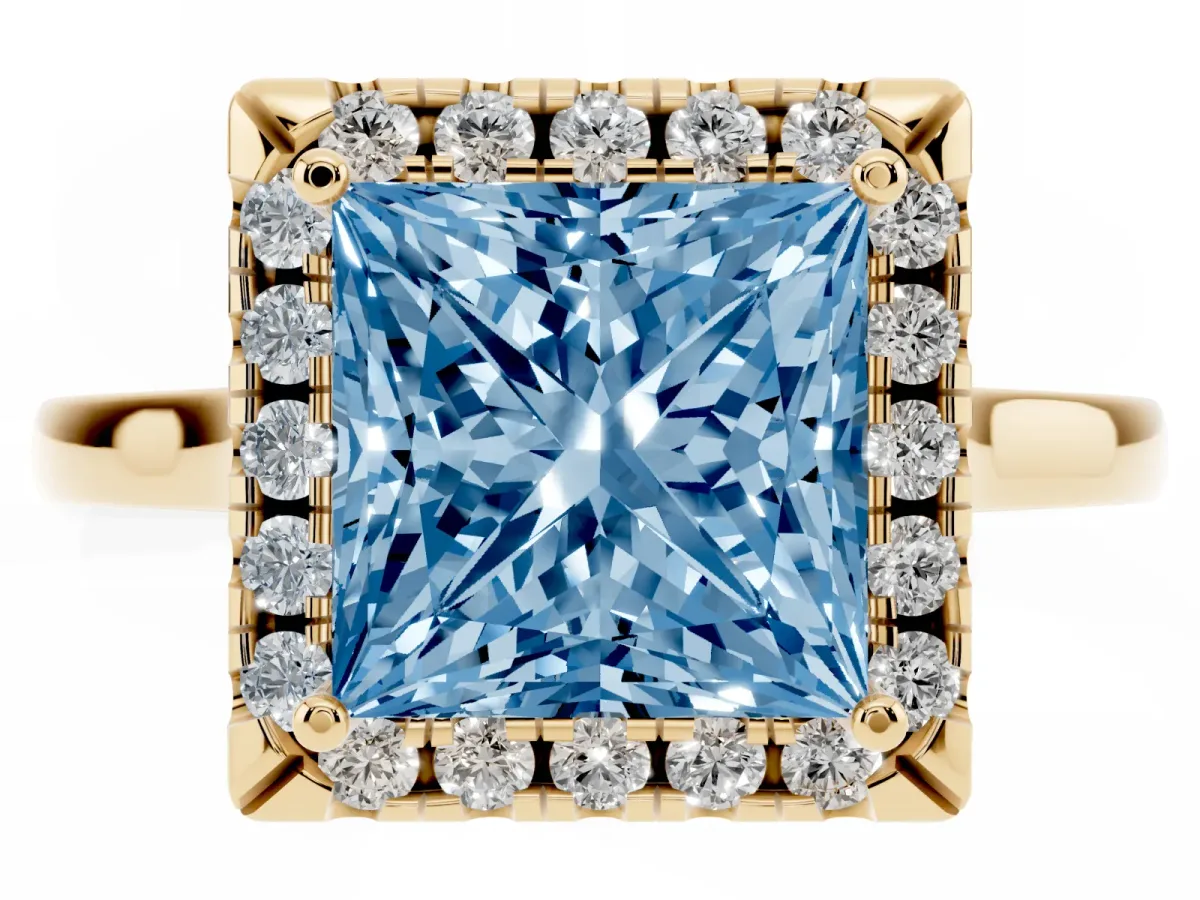 Fancy Blue Princess Cut Halo Round Diamond Solitaire Ring with Pavé Band and Four-Prong Setting Yellow gold
