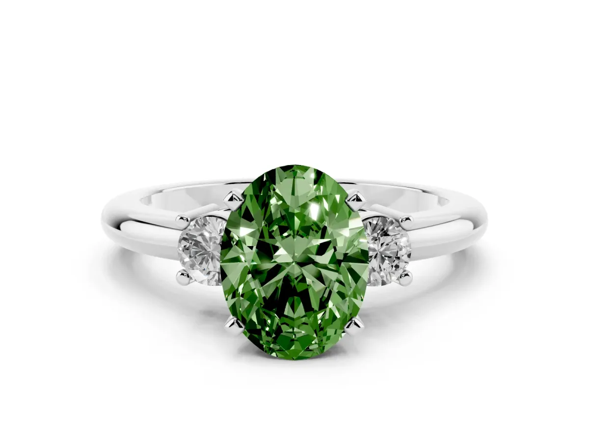 Fancy Green Three-Stone Oval Cut Cut Diamond Solitaire with Prong Setting and Classic Band Silver