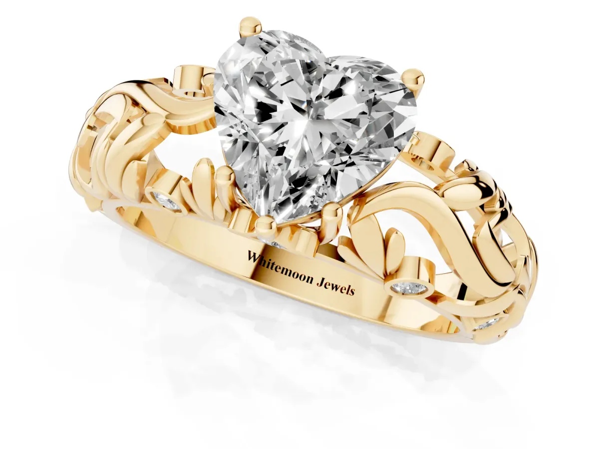Heart Cut Solitaire Diamond Leaf-Inspired Vine Band Ring with Prong Setting Yellow gold