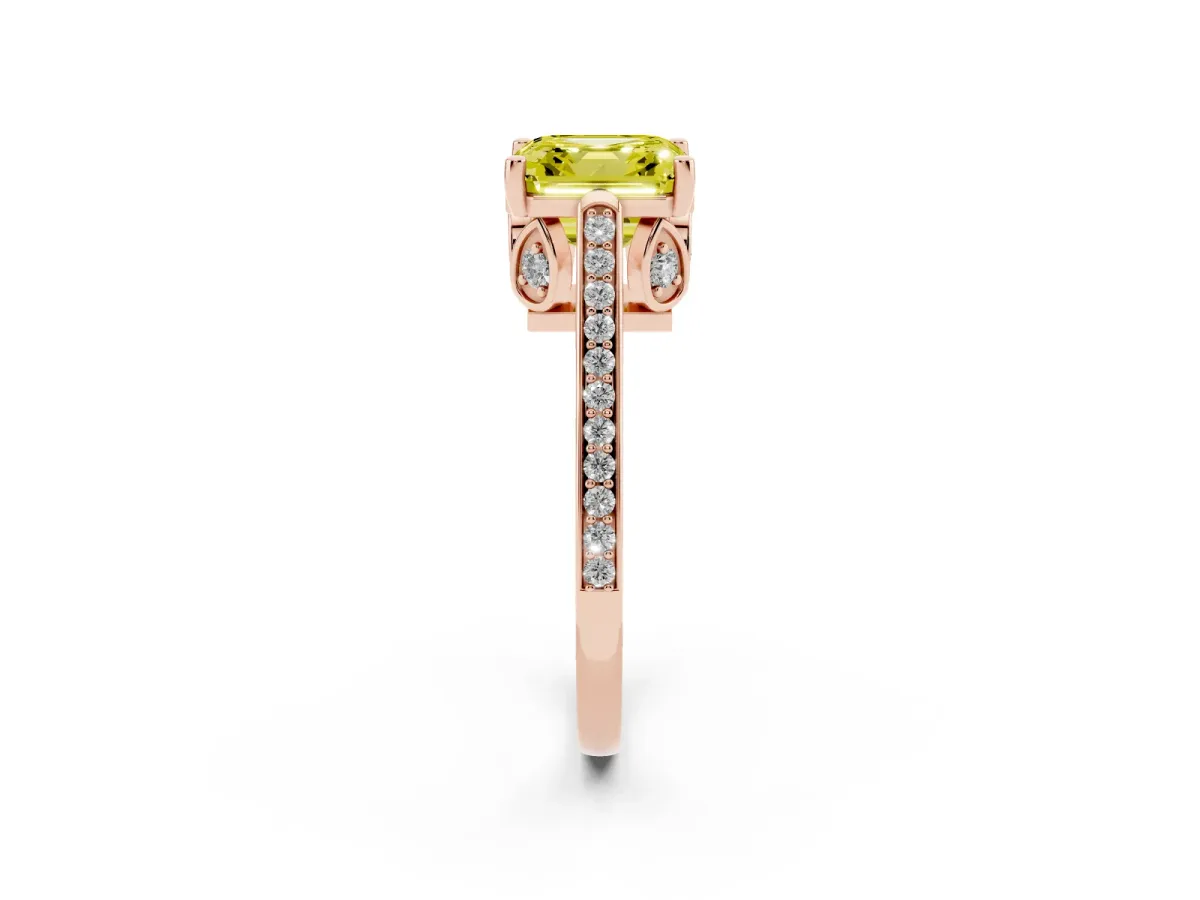 Fancy Yellow Asscher Cut Cut Cathedral Pave Diamond Engagement Ring with Six-Prong Setting Rose gold