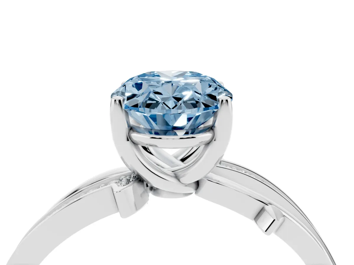 Fancy Blue Oval Cut Solitaire Twist Band with Pavé Accents and Four-Prong Setting White gold