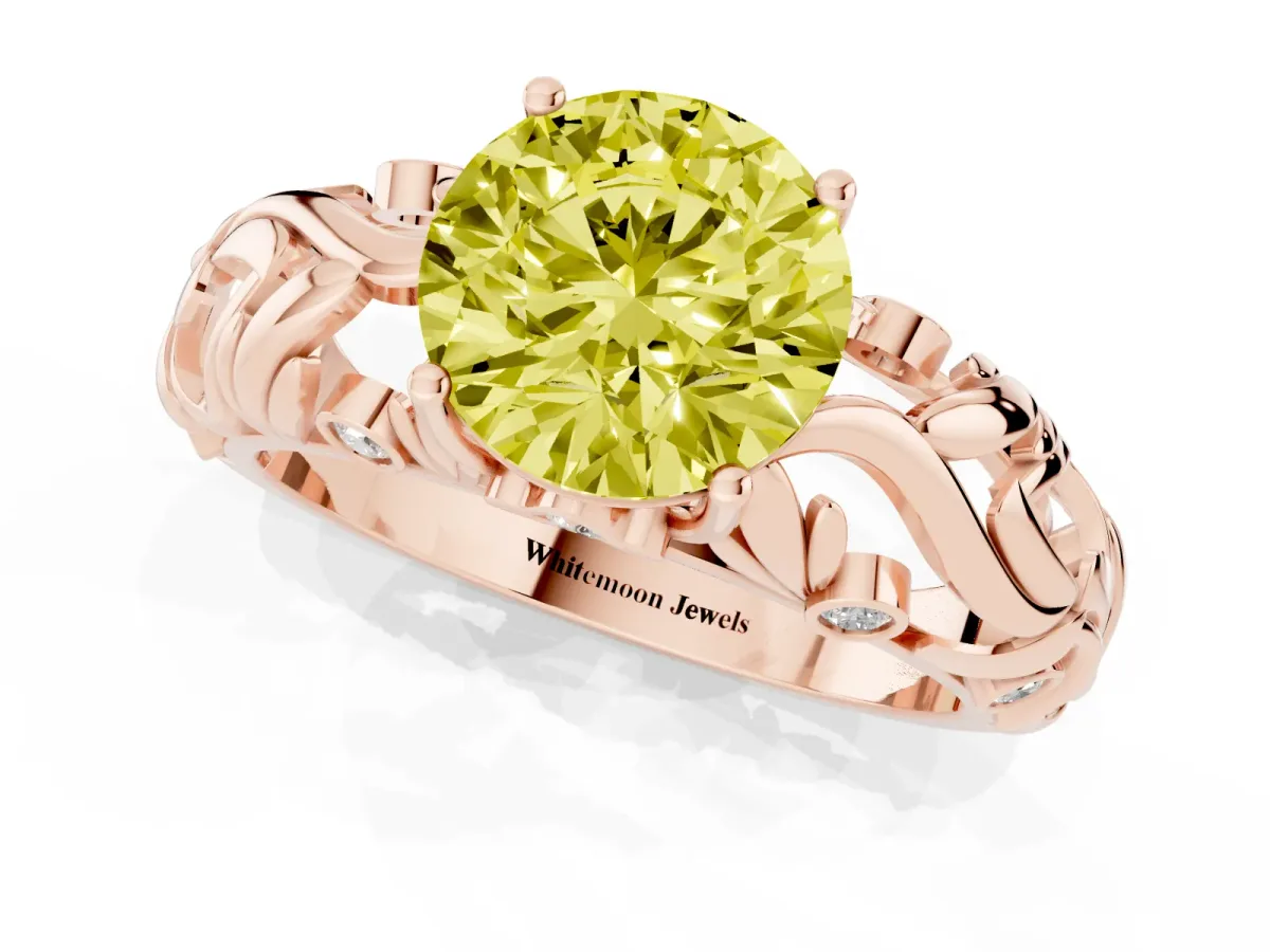 Fancy Yellow Round Cut Solitaire Diamond Leaf-Inspired Vine Band Ring with Prong Setting Rose gold