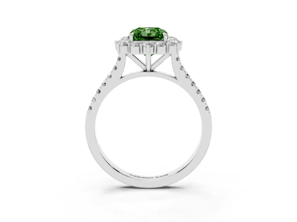 Fancy Green Radiant Cut Halo Diamond Ring with Pavé Band and Prong Setting Silver