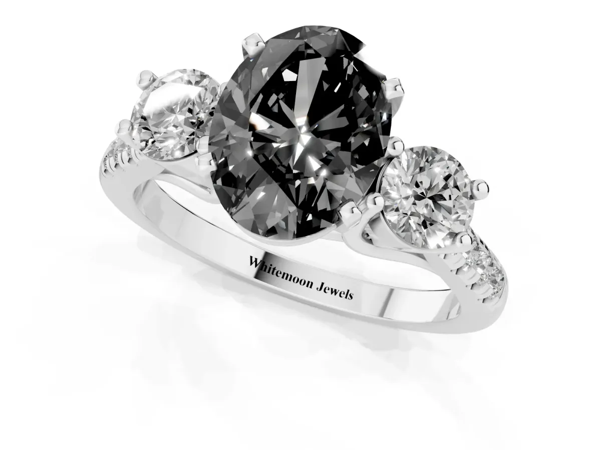 Fancy Black Three-Stone Oval Cut Diamond Pavé Band with Four-Prong Setting Silver
