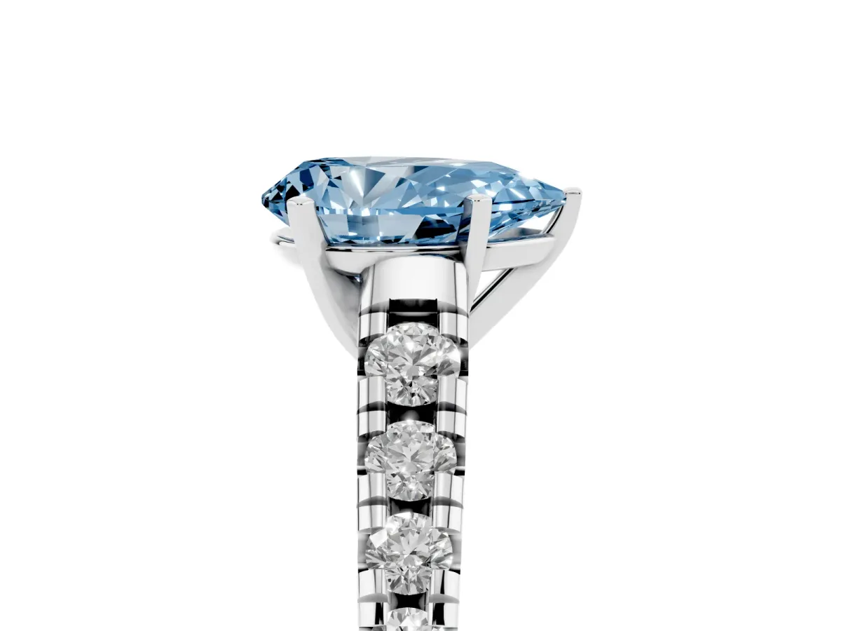 Fancy Blue Pear Cut Diamond Cathedral Solitaire Ring with Round Pavé Band Silver