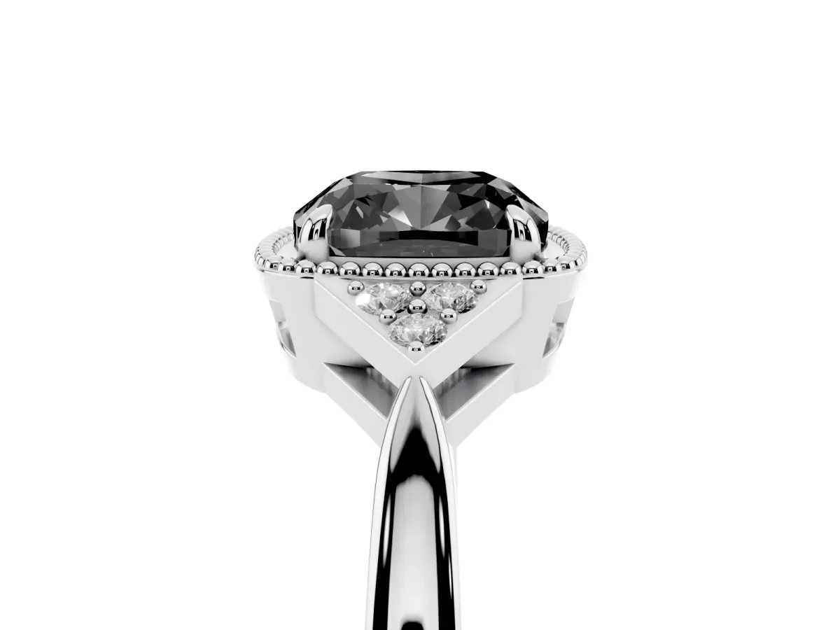 Fancy Black Hexagonal Halo Cushion Cut Diamond Solitaire with Pavé Band and Four-Prong Setting Silver
