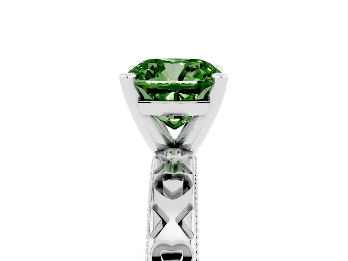Fancy Green Cushion Cut Solitaire Diamond Engagement Ring with XO Engraved Band and Four-Prong Setting Platinum
