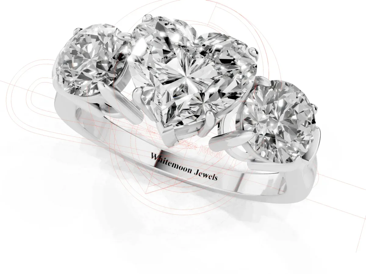 Three-Stone Heart Cut Cut Diamond Ring with Round Accent Stones, Prong Setting, and Classic Band Platinum