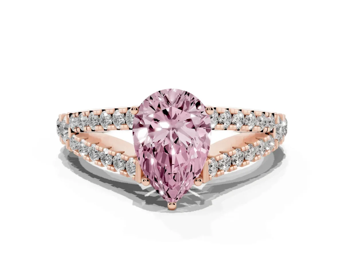 Fancy Pink Pear Cut Diamond Split Shank Pavé Engagement Ring with Four-Prong Setting Rose gold