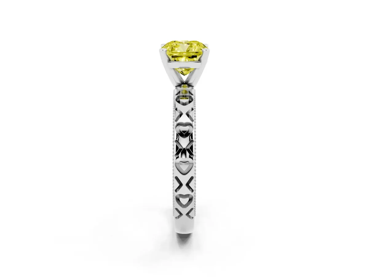 Fancy Yellow Cushion Cut Solitaire Diamond Engagement Ring with XO Engraved Band and Four-Prong Setting Platinum