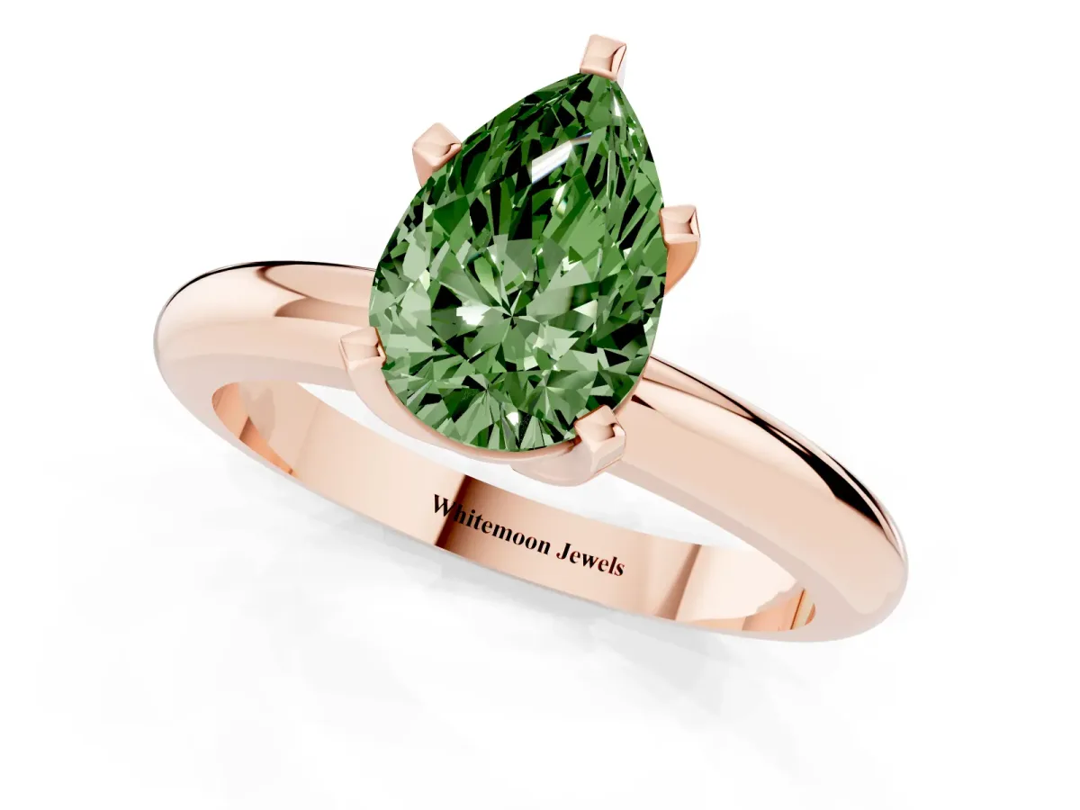 Fancy Green Pear Cut Diamond Solitaire Engagement Ring with Round Band and Four-Prong Setting Rose gold