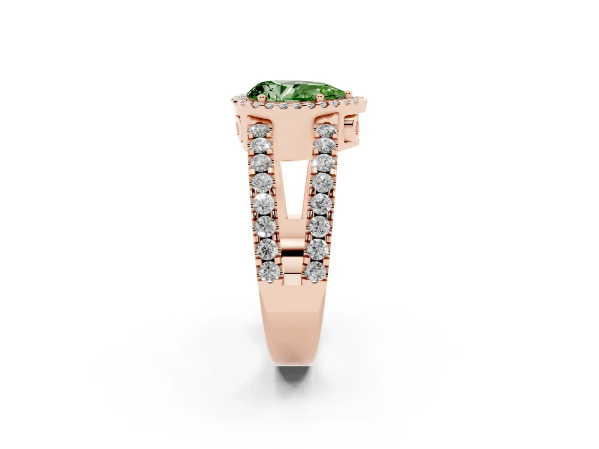 Fancy Green Pear Cut Cut Halo Split Shank Diamond Ring with Four-Prong Setting Rose gold