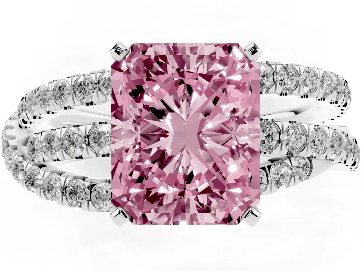 Fancy Pink Radiant Cut Solitaire Twist Band with Pavé Setting and Four-Prong Setting Silver