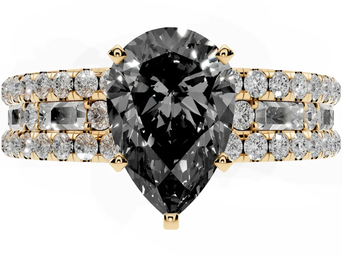 Fancy Black Pear Cut Diamond Solitaire Ring with Pavé and Channel Set Band Yellow gold