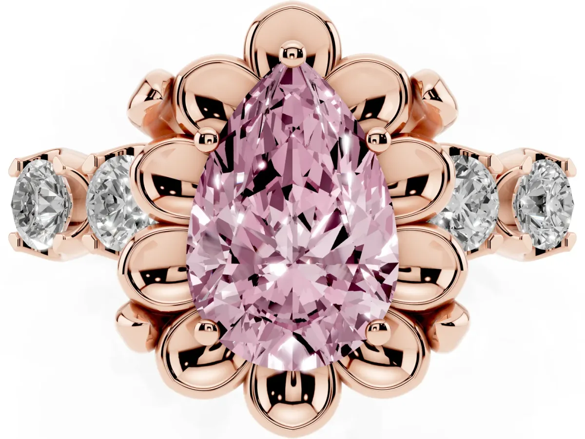 Fancy Pink Pear Cut Cut Diamond Floral Halo Engagement Ring with Shared Prong Setting Rose gold