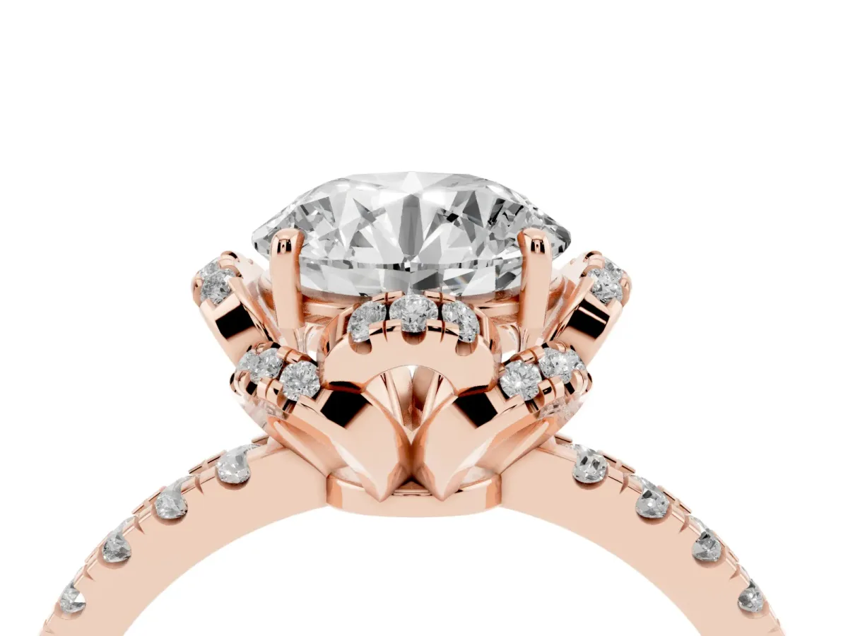 Round Cut Diamond Halo Pave Band with Four-Prong Setting Rose gold
