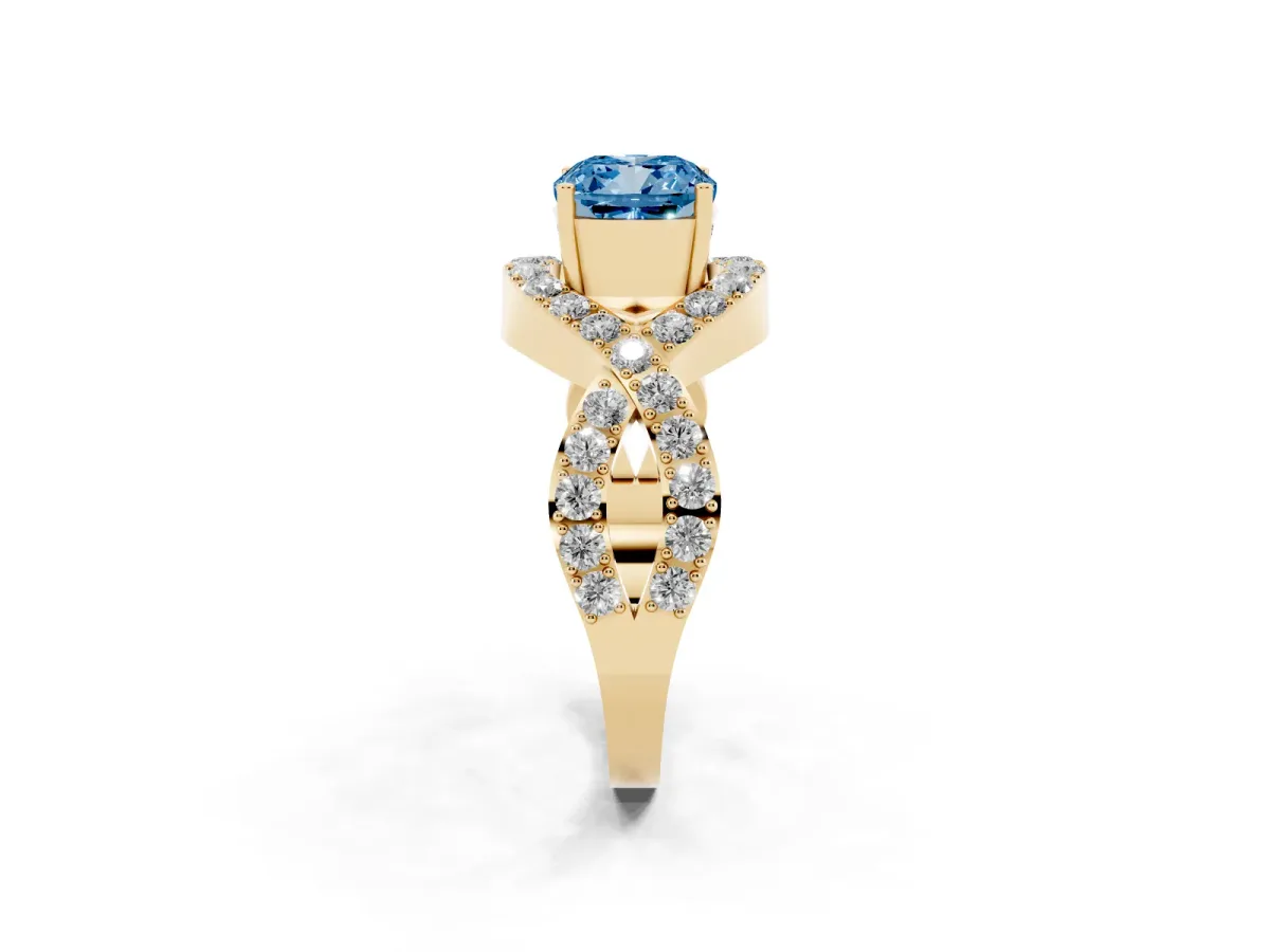 Fancy Blue Cushion Cut Solitaire Twist Band Pavé Diamond Engagement Ring Yellow gold