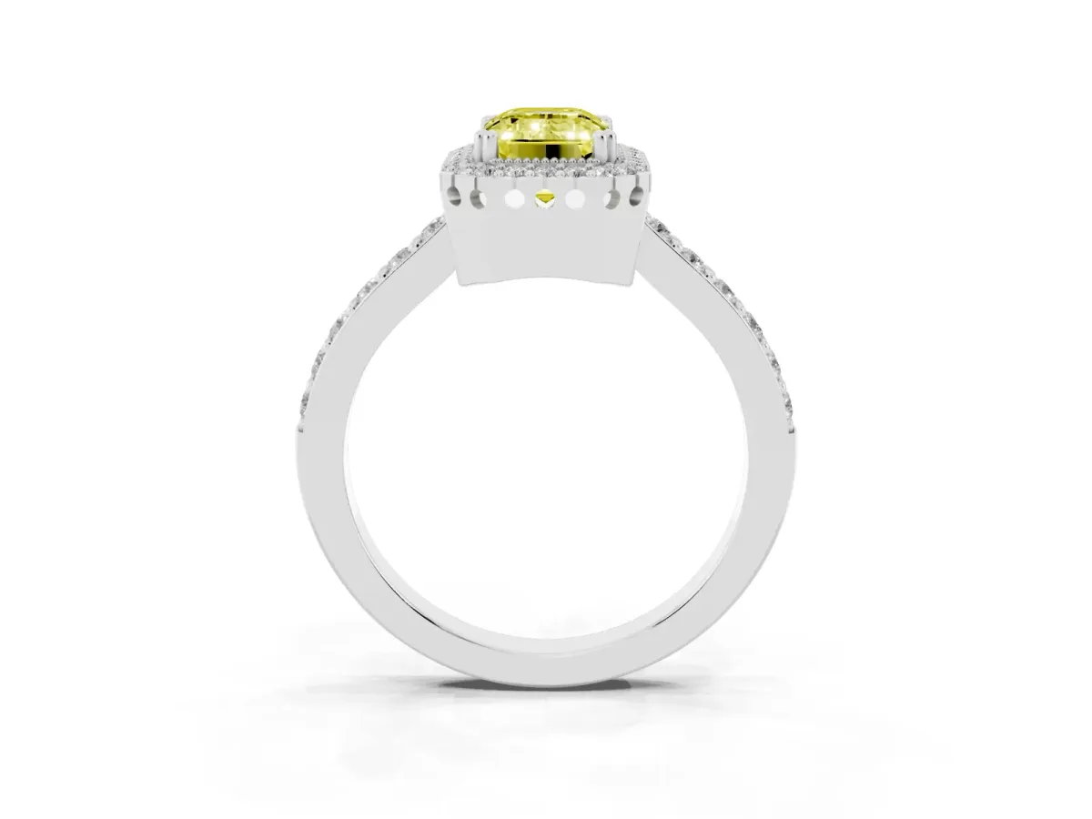 Fancy Yellow Emerald Cut Cut Diamond Halo Engagement Ring with Milgrain Detail and Pavé Band Silver