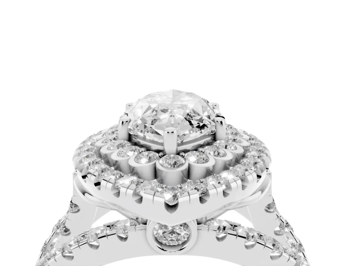 Marquise Cut Diamond Double Halo Ring with Round Pavé Split Shank and Prong Setting Silver