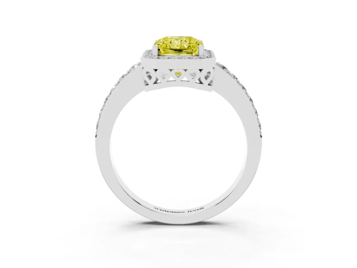 Fancy Yellow Radiant Cut Halo Diamond Pavé Band Ring with Prong Setting Platinum