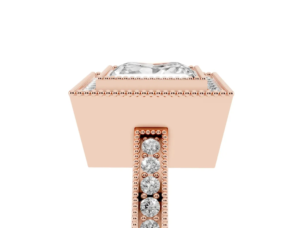 Princess Cut Cut Halo Diamond Ring with Pavé Band and Milgrain Prong Setting Rose gold