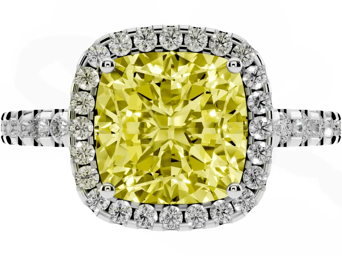 Fancy Yellow Cushion Cut Diamond Halo Engagement Ring with Pavé Band and Prong Setting Platinum