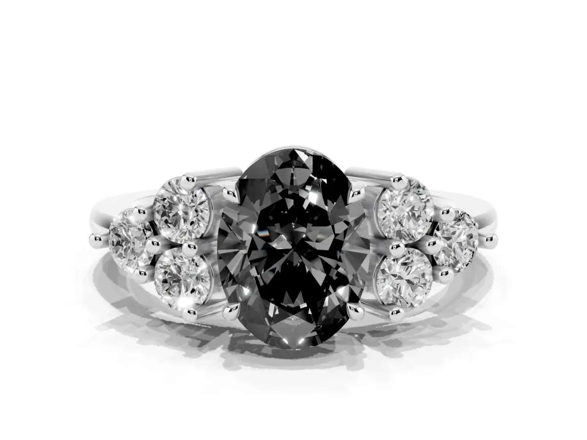 Fancy Black Oval Cut Brilliant Diamond Cluster Accent Solitaire Ring with Prong Setting White gold