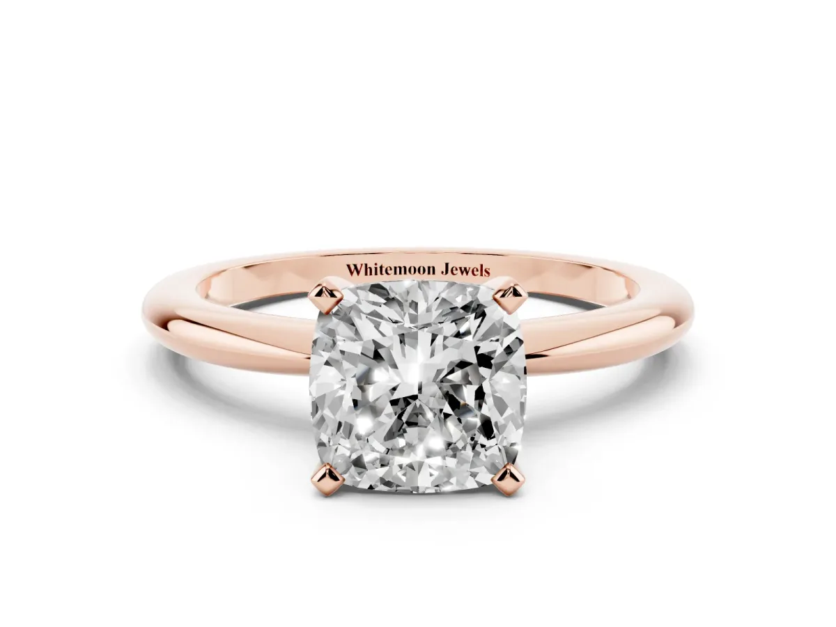 Cushion Cut Diamond Solitaire Ring with Prong Setting and Classic Band Rose gold