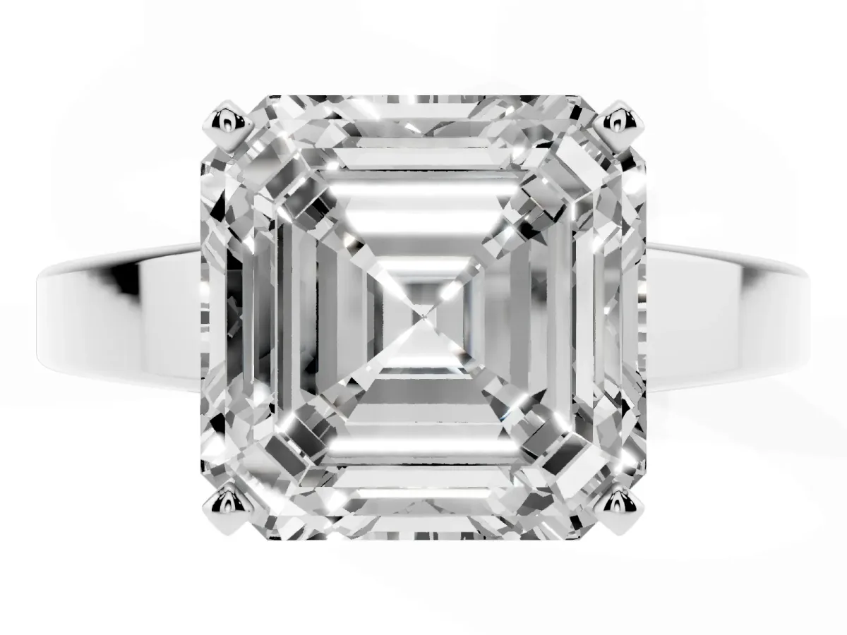 Asscher Cut Solitaire Engagement Ring with Four-Prong Setting and Tapered Band Silver