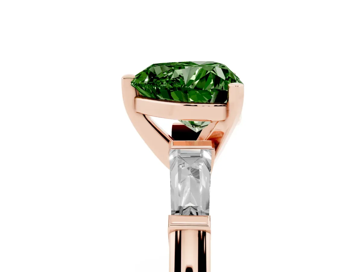 Fancy Green Heart Cut Solitaire with Tapered Baguette Side Stones on a Classic Band with Four-Prong Setting Rose gold