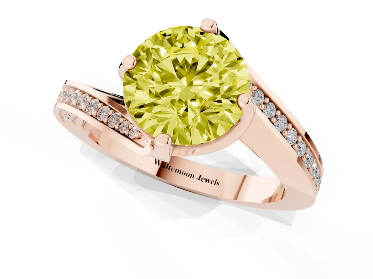 Fancy Yellow Round Cut Solitaire Diamond Twist Band with Pavé Setting and Four-Prong Setting Rose gold