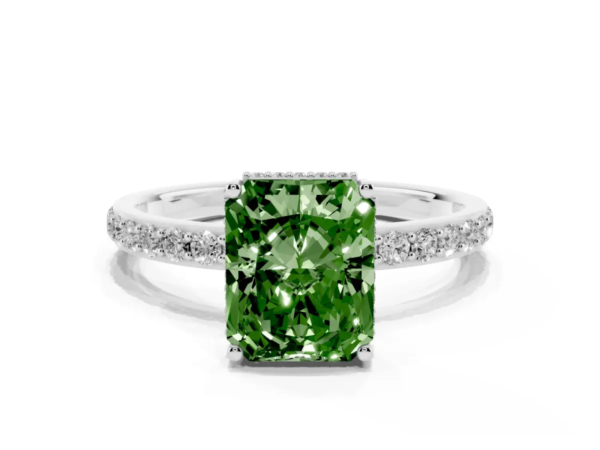 Fancy Green Radiant Cut Diamond Solitaire Ring with Pavé Band and Hidden Halo White gold