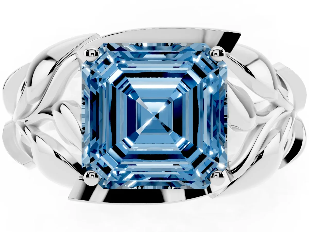 Fancy Blue Asscher Cut Diamond Leaf-Inspired Engagement Ring with Round Accents and Prong Setting Silver