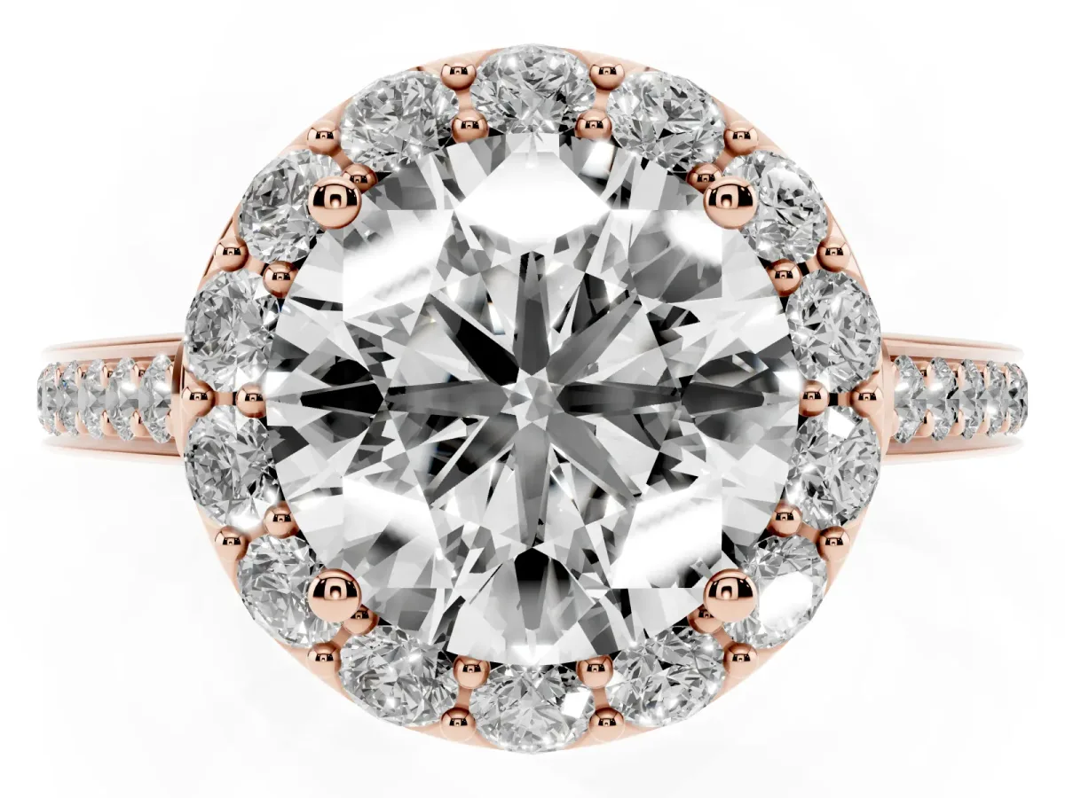 Round Cut Diamond Floral Halo Ring with Pavé Band and Prong Setting Rose gold