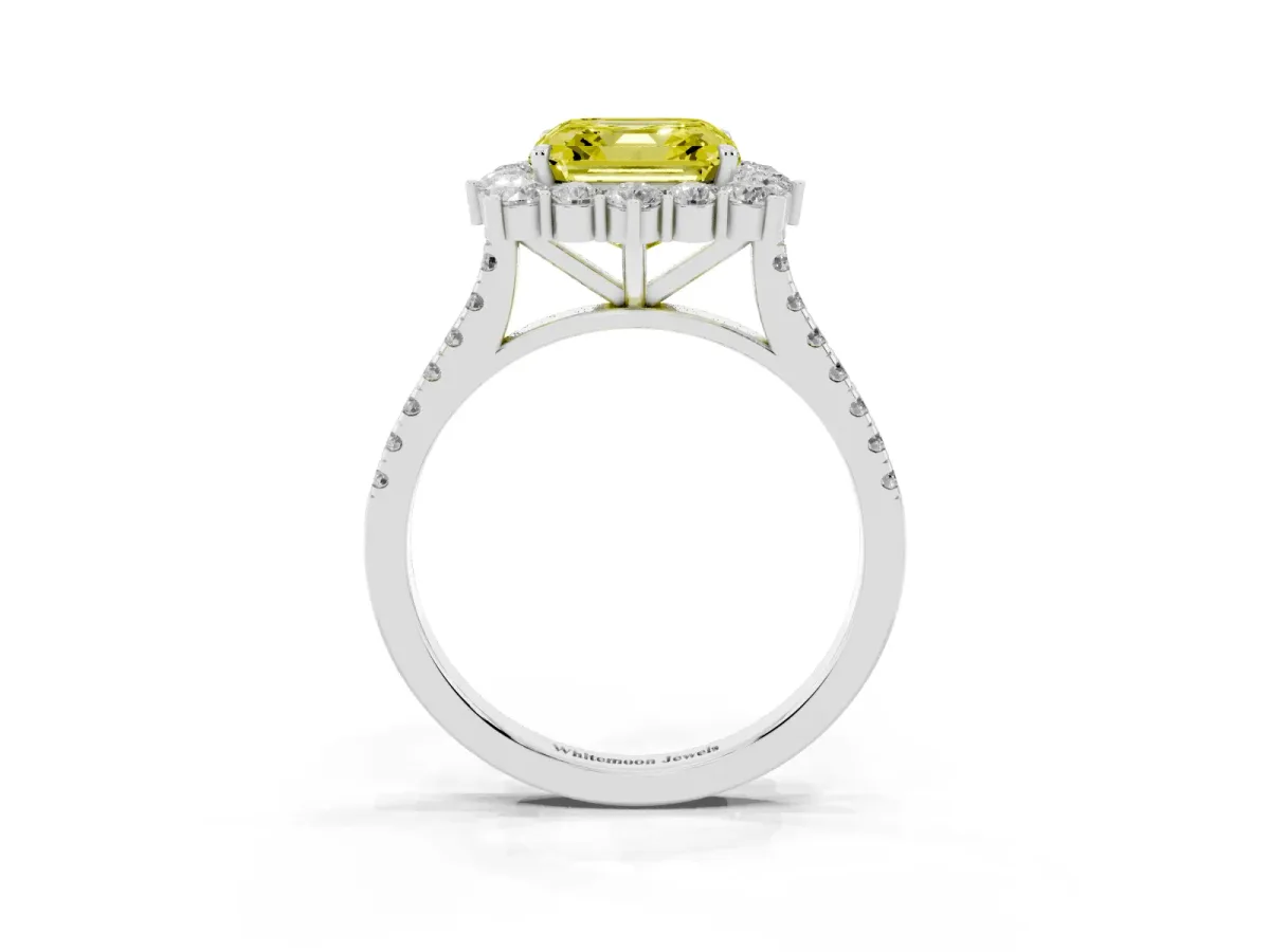 Fancy Yellow Asscher Cut Halo Diamond Ring with Pavé Band and Prong Setting Silver