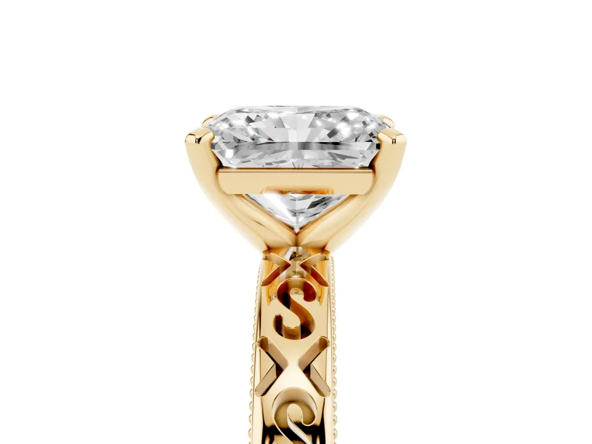 Radiant Cut Solitaire Engagement Ring with Scrollwork Band and Four-Prong Setting Yellow gold