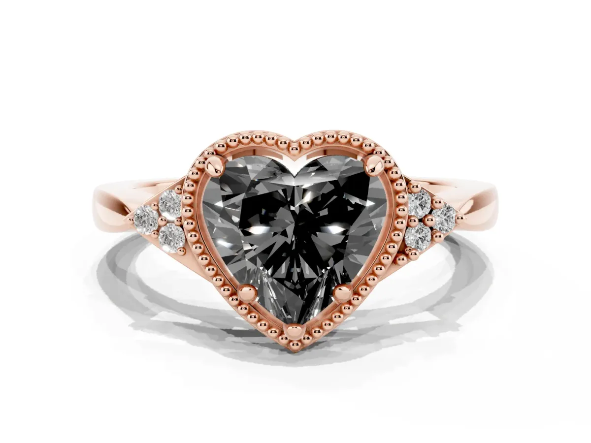 Fancy Black Hexagonal Halo Heart Cut Diamond Solitaire with Pavé Band and Four-Prong Setting Rose gold