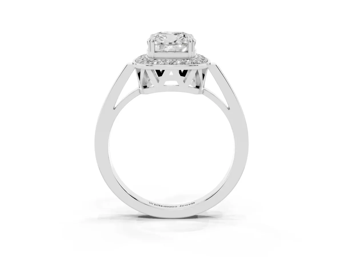 Cushion Cut Diamond Halo Ring with Split Shank and Four-Prong Setting Platinum