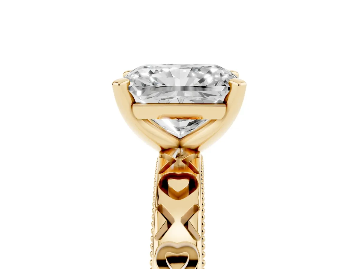 Radiant Cut Solitaire Diamond Engagement Ring with XO Engraved Band and Four-Prong Setting Yellow gold